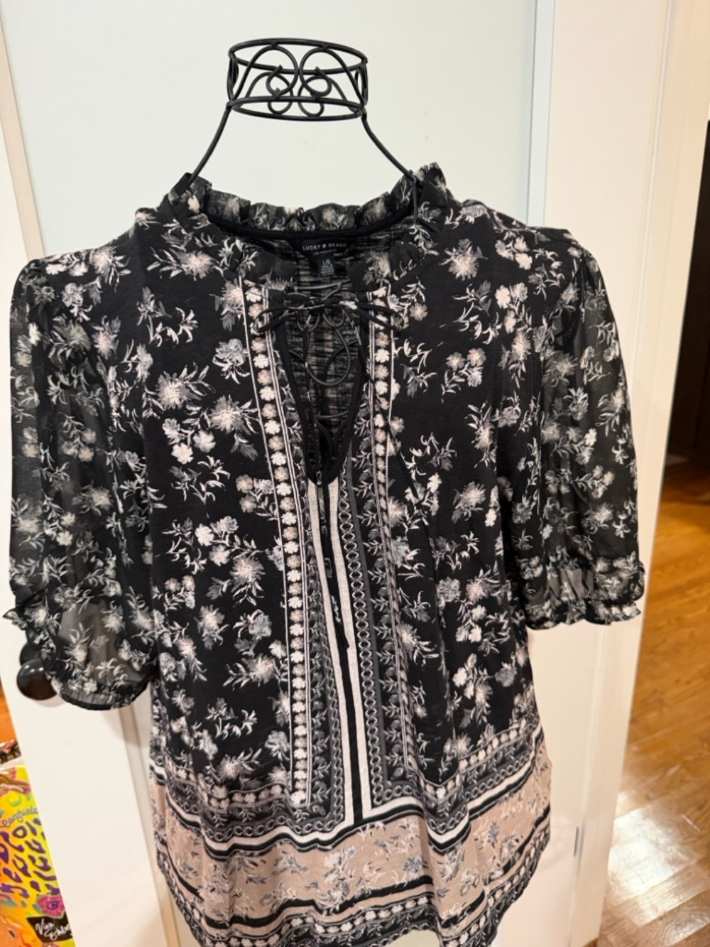 Black Floral V-Neck Women's Top